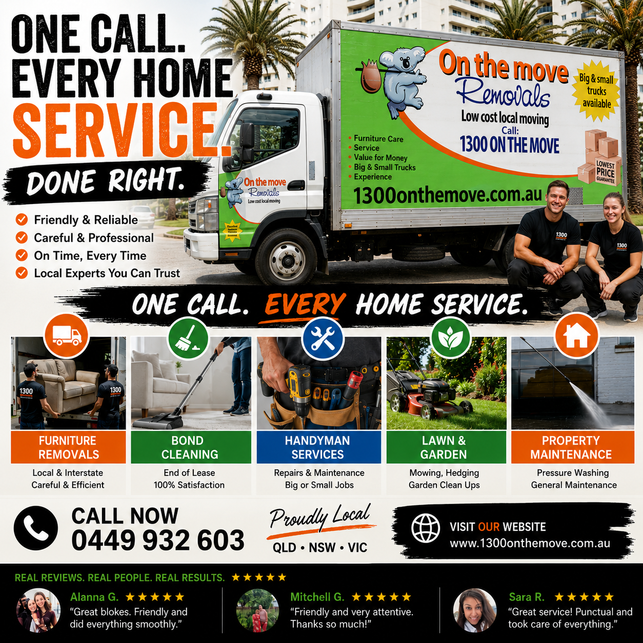 1300 On The Move branded furniture removals truck with the koala mascot