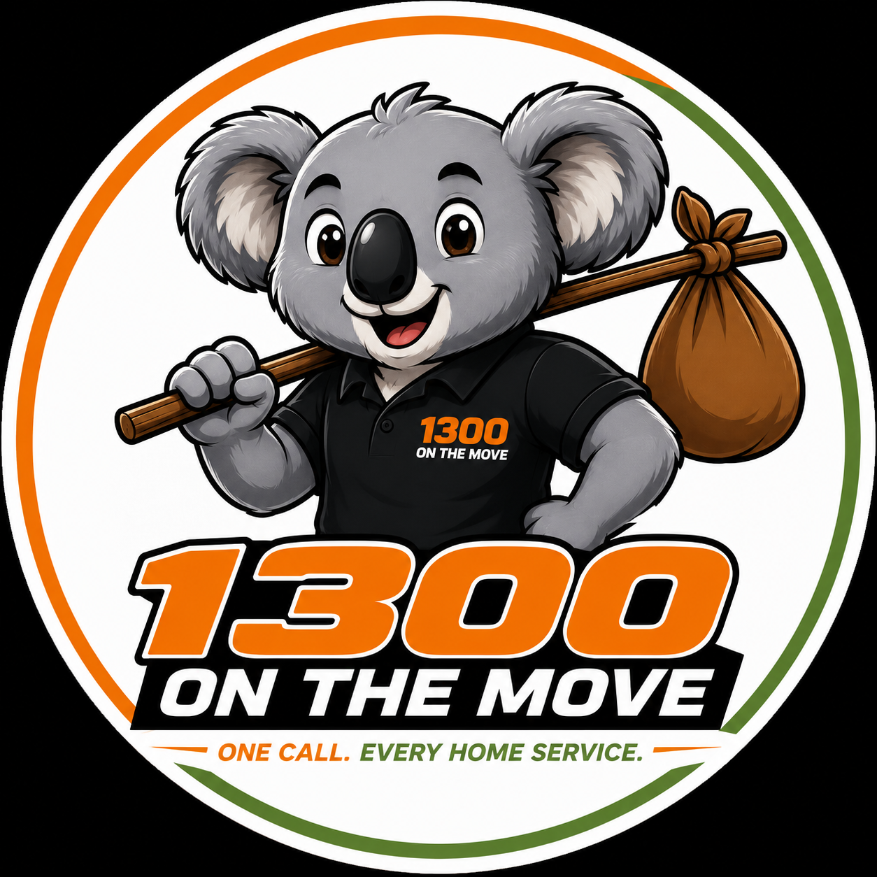 1300 On The Move koala mascot carrying a moving box