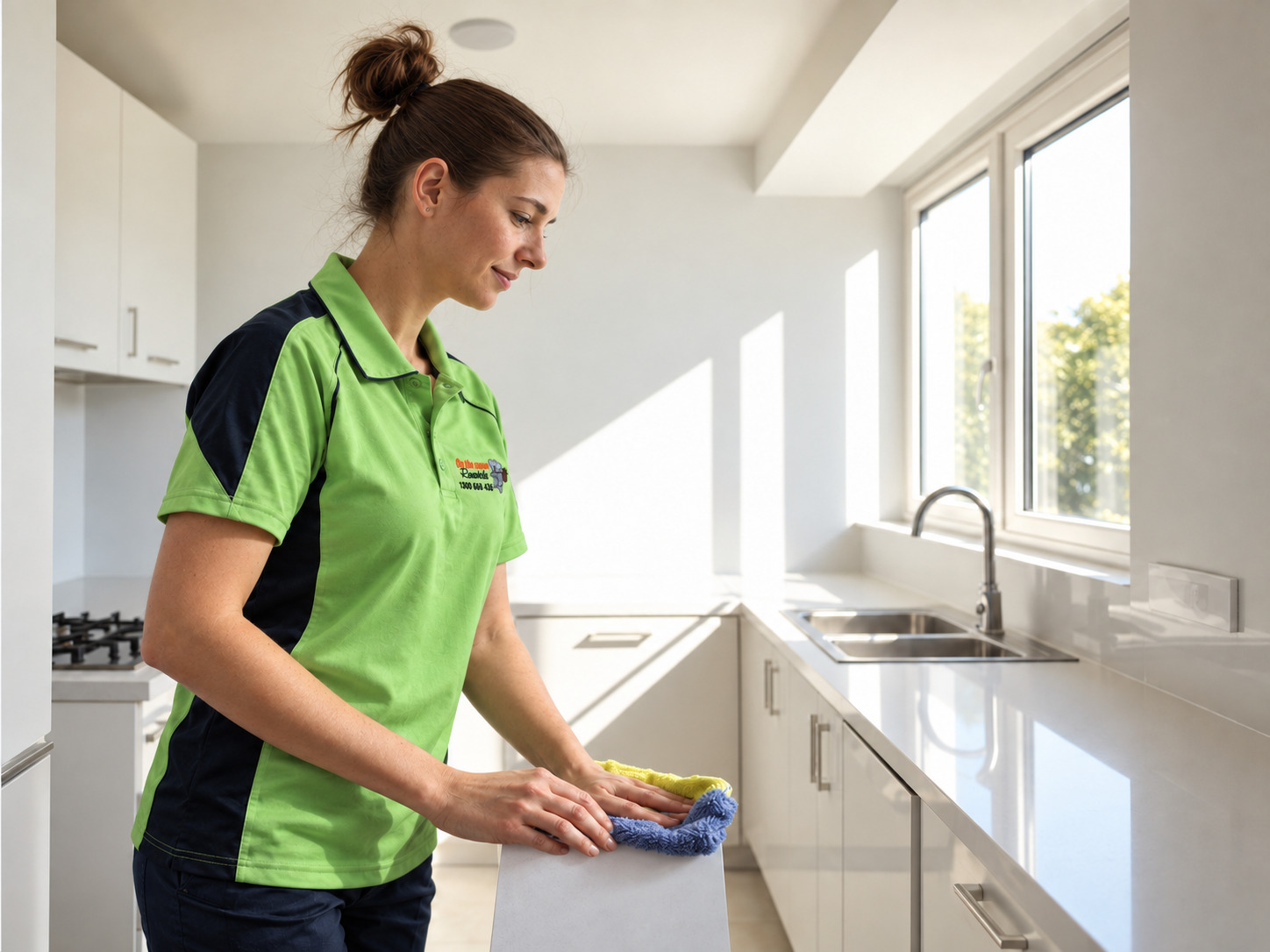 Professional cleaner polishing a spotless rental kitchen