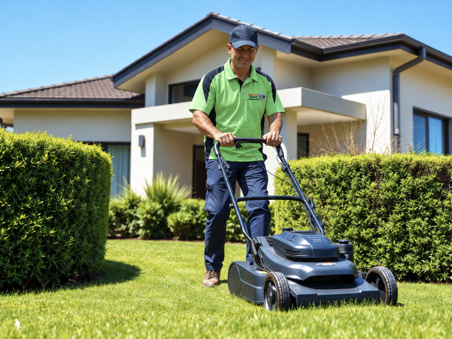 Gardener mowing a green lawn in front of a modern home
