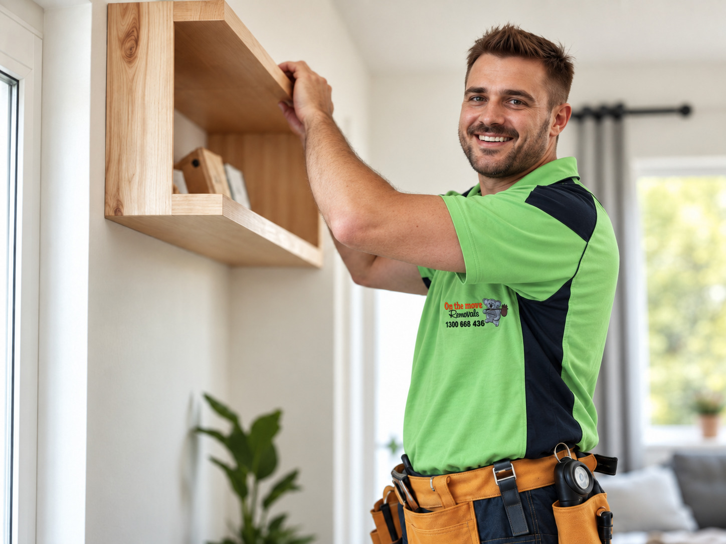 Handyman installing a timber shelf in a bright home