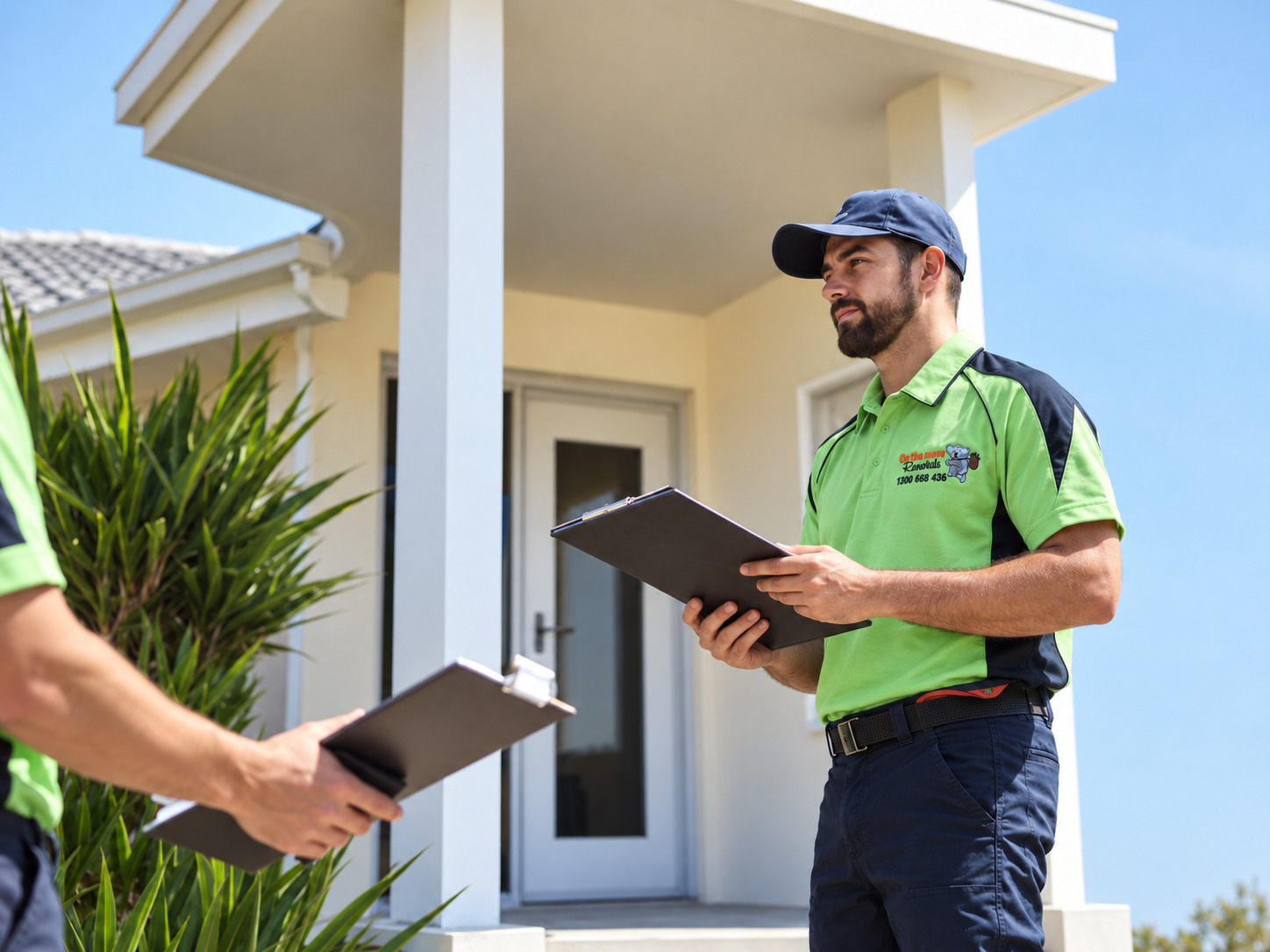 Maintenance worker checking a job list outside a suburban rental property