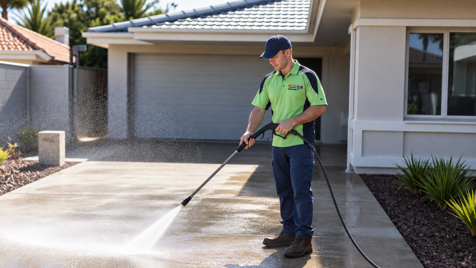 Worker pressure cleaning a concrete driveway