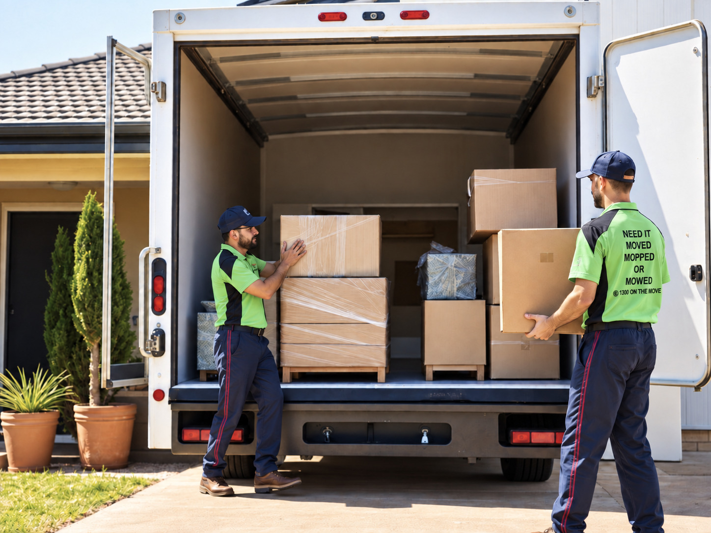 Removalists loading wrapped furniture into a modern removals truck