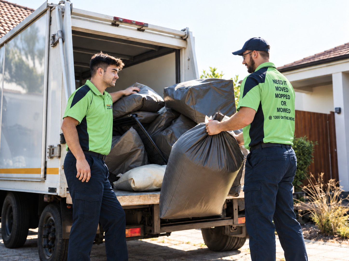 Uniformed workers loading waste into a rubbish removal truck